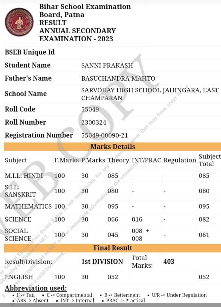 Sanni Prakash - 95% in Maths, 82% in Science Bihar Board